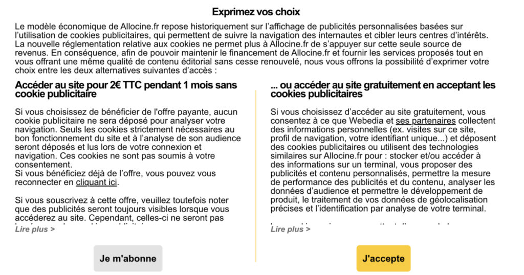 Capture d'écran du site d'Allociné qui dit "accéder au site pour 2€ TTC pendant 1 mois sans cookie publicitaire... ou accéder au site gratuitement en acceptant les cookies publicitaires." | Decriiipt 