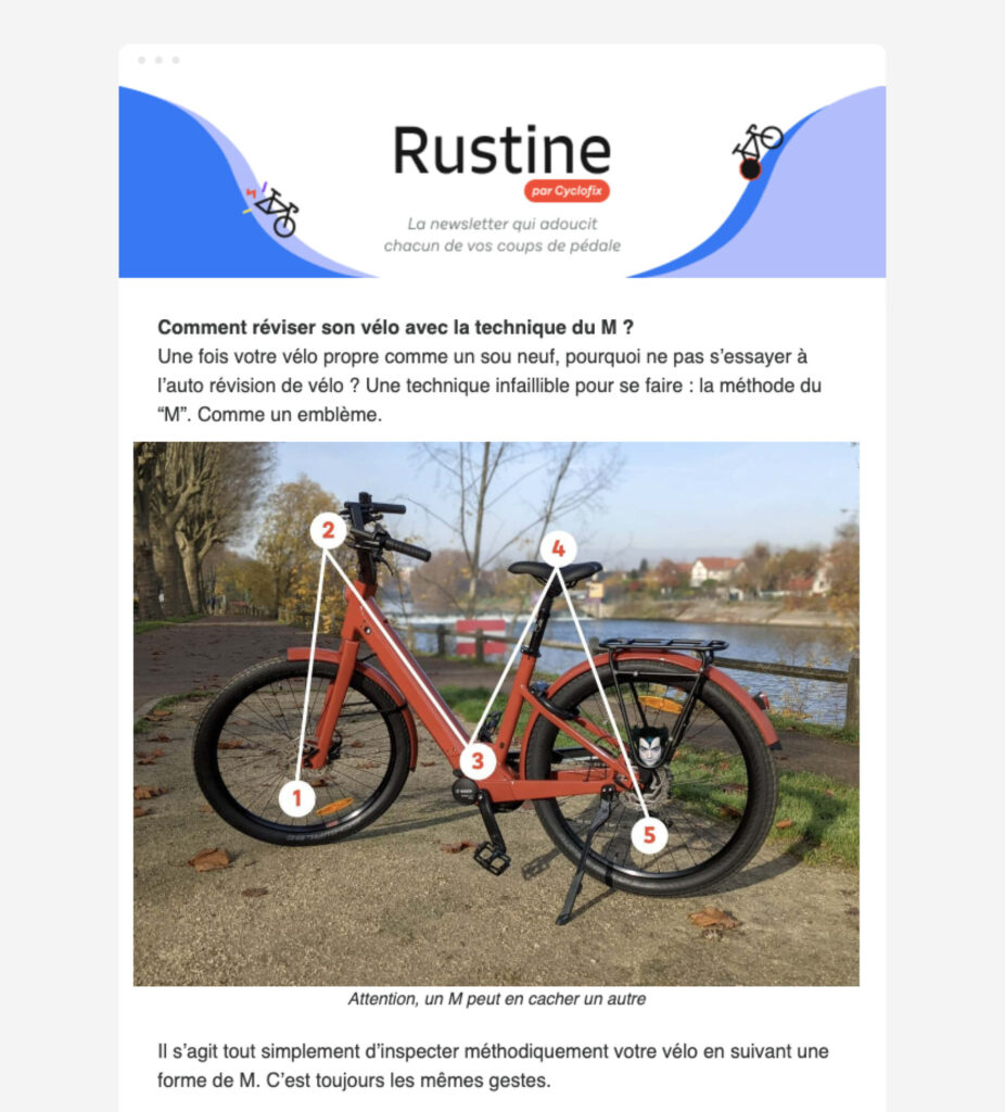 Capture d'écran de la newsletter Rustine, newsletter dédié au vélo par Cyclofix | Decriiipt